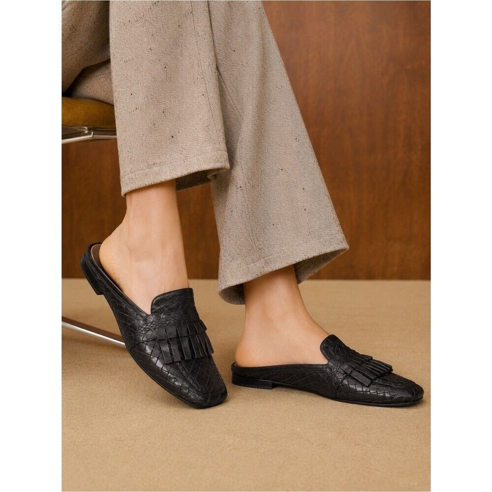 Sesto Meucci Black Woven Leather Fringe Mules